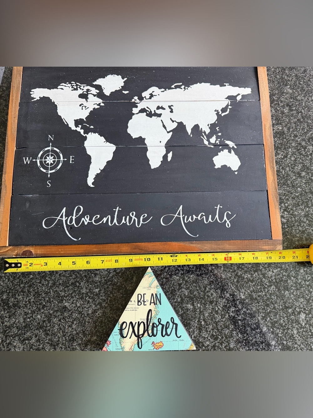 Wooden 'Adventure Awaits' World Map Wall Art & “Be an Explorer” sign